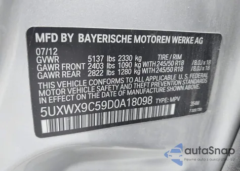 2013 BMW X3 xDrive28I from USA, damaged, VIN 5UXWX9C59D0A18098